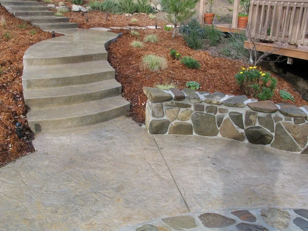 Finished residential concrete steps with stone facing.